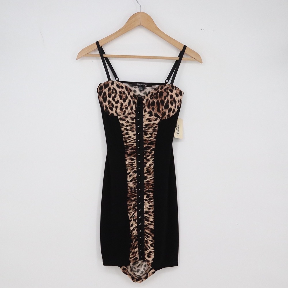 Forever 21 Dress Womens M Bodycon Black Leopard Print Hook & Eye Mini NEW